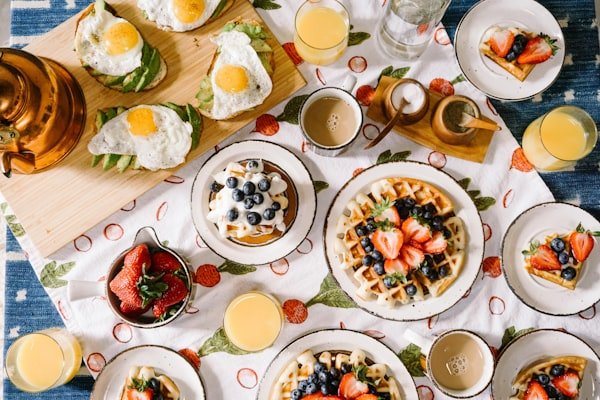 Breakfast board with poached eggs and avocado